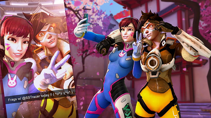 male and female character wallpaper, photo, phone, blizzard, Tracer, overwatch, selfie, Lena Oxton, D.Va, Hana Song, HD wallpaper