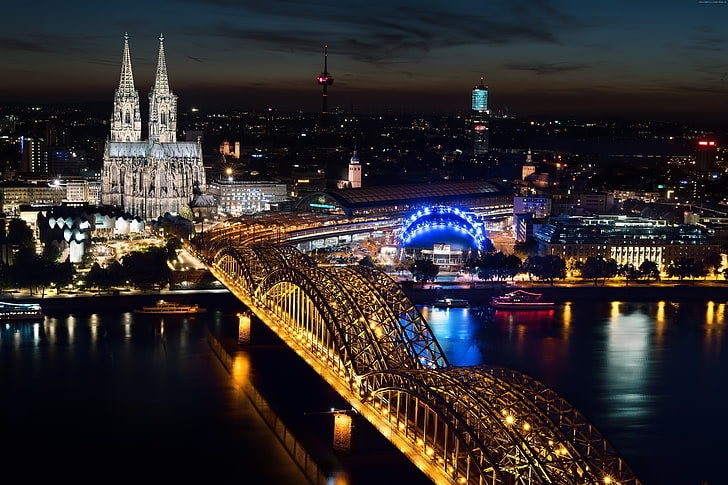 Most Hohenzollernów, noc, Europa, Kolonia, Katedra w Kolonii, 5K, Niemcy, Tapety HD