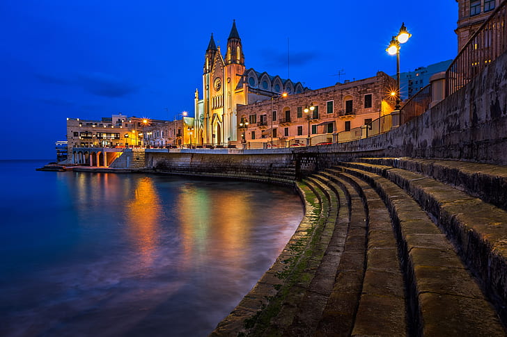 agua, luces, catedral, paseo marítimo, Malta, Valletta, Fondo de pantalla HD