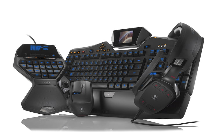 синя и черна компютърна клавиатура за игри, мишка и слушалки, клавиатура за игри, слушалки, компютърна мишка, HD тапет
