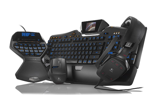 синя и черна компютърна клавиатура за игри, мишка и слушалки, клавиатура за игри, слушалки, компютърна мишка, HD тапет HD wallpaper