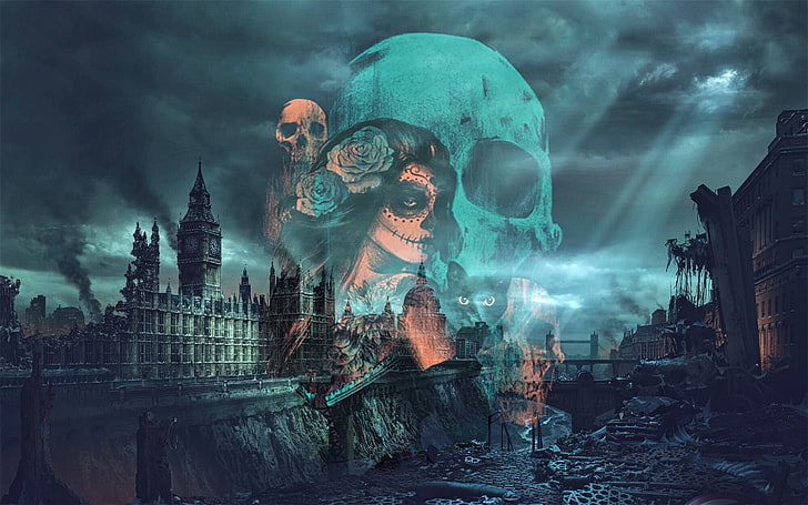 Иллюстрация Биг Бен, Лондон, Сахарный череп, HD обои