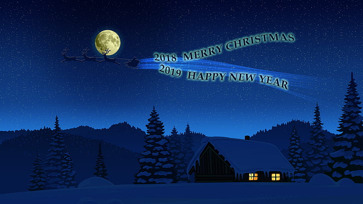 Christmas, New Year, Santa Claus, winter, 2018 (Year), Happy New Year, night, Moon, 2019 (Year), sky, artwork, stars, HD wallpaper