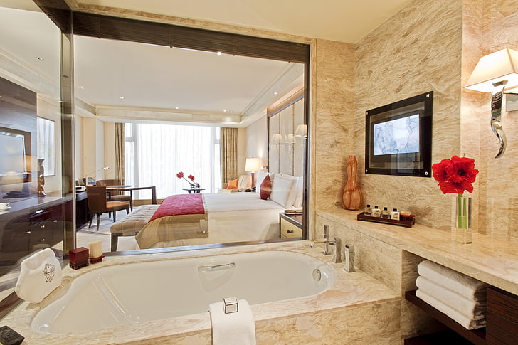 banheira branca, mesa, sala, papel de parede, interior, banho, frutas, toalhas, suíte, cama, tv, HD papel de parede