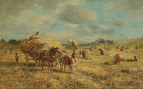  German painter, oil on canvas, Carl Stuhlmuller, Karl Chair Müller, At the time of haymaking, Haymaking, HD wallpaper HD wallpaper