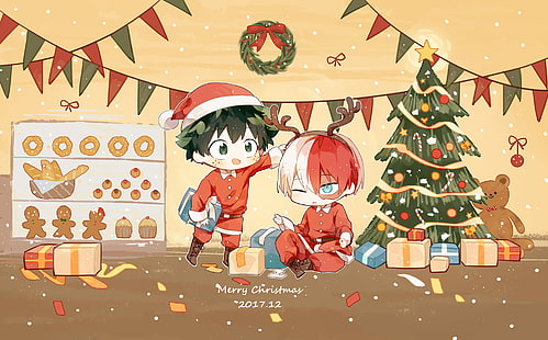 Anime, My Hero Academia, Christmas, Izuku Midoriya, Shouto Todoroki, HD wallpaper HD wallpaper