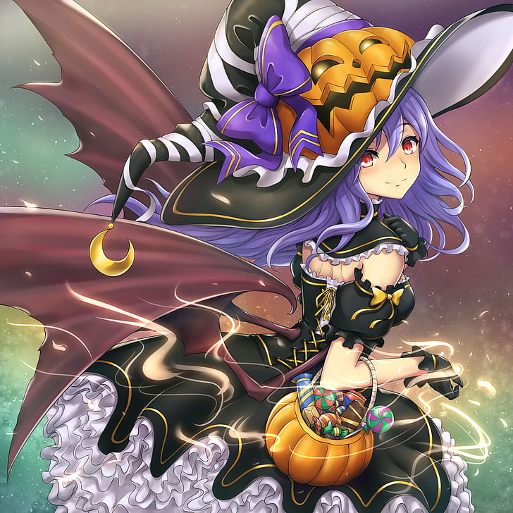 Halloween, witch hat, hat, witch, pumpkin, dress, wings, HD wallpaper