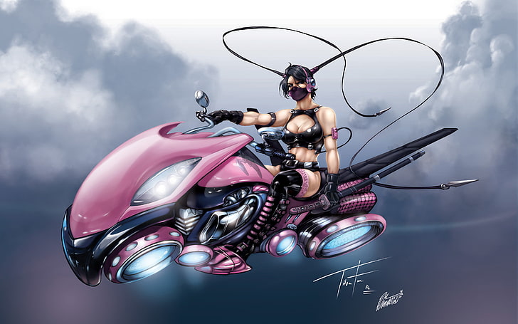 woman riding on pink and black motorcycle cartoon illustration, the sky, girl, clouds, weapons, katana, mask, gravity, warrior, tails, kosmosaik, HD wallpaper