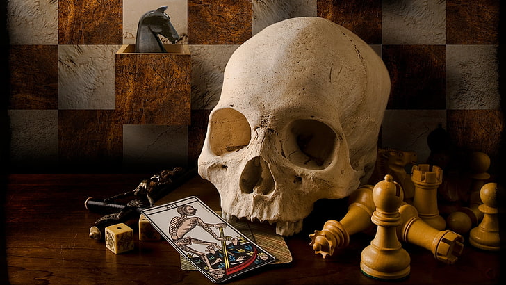 cráneo humano blanco, tarjeta, estilo, retro, cráneo, ajedrez, vintage, crucifijo, Tarot, Fondo de pantalla HD