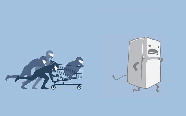 четирима души, бутащи количката за пазаруване през работещ хладилник, минимализъм, хумор, син фон, прост фон, дигитално изкуство, HD тапет