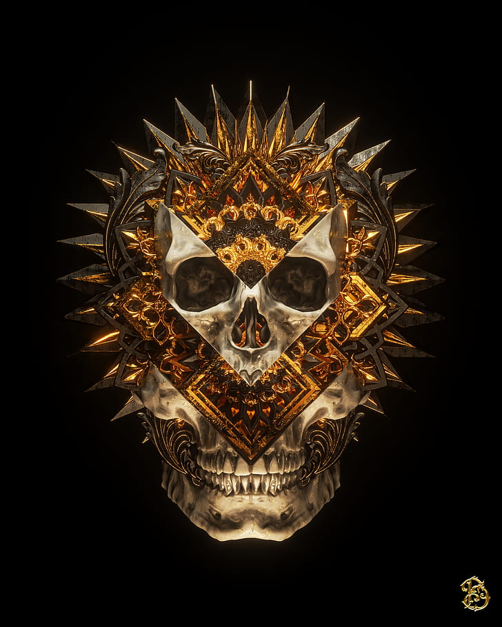 billelis, dark, religion, death, skull, gold, HD wallpaper