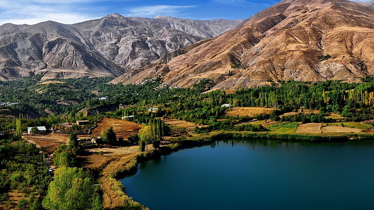 dağlar ve göl, İran, köy, manzara, Ovan Gölü, dağlar, göl, HD masaüstü duvar kağıdı