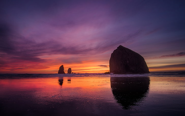 silhouette of mountain, landscape, sunset, sea, purple sky, beach, waves, HD wallpaper
