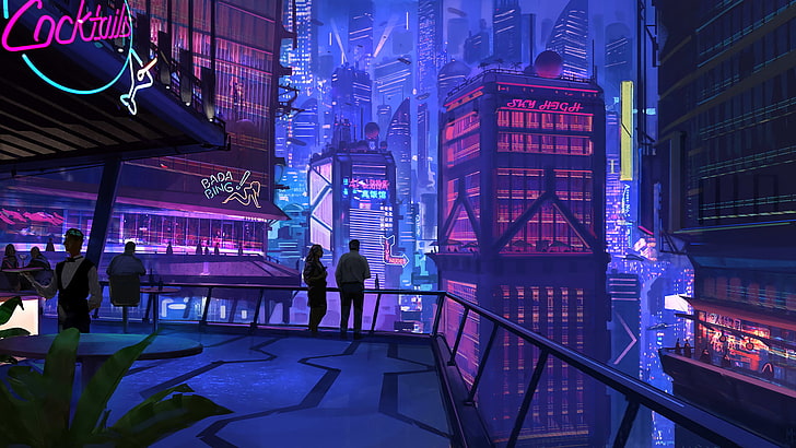 różowo-szara animowana ilustracja budynków, grupa osób stojących przed neonowym budynkiem, sztuka cyfrowa, pejzaż miejski, cyberpunk, Tapety HD