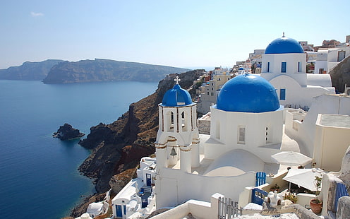Santorini, Grecja, Grecja, morze, budynki, Tapety HD HD wallpaper