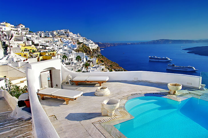 piscina bianca, mare, paesaggio, natura, casa, Santorini, Grecia, Sfondo HD