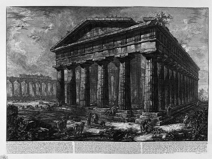grayscale photo of city buildings, Greek mythology, Poseidon, Neptune, temple, painting, HD wallpaper