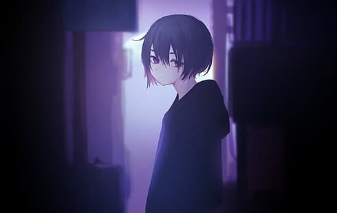 anime, animeflickor, svart hår, kort hår, svart kostym, lila ögon, deprimerande, HD tapet HD wallpaper