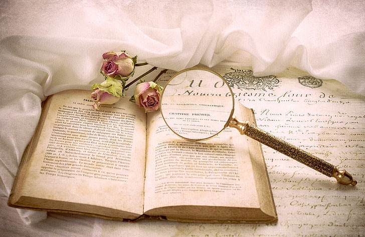 brown magnifying glass, letter, roses, book, magnifier, vintage, HD wallpaper