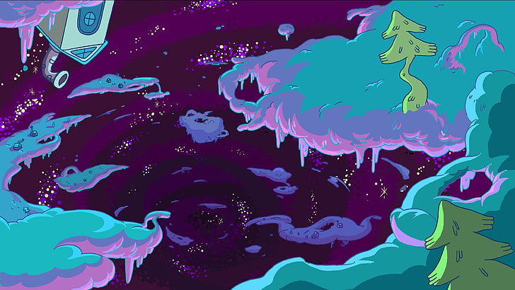 ilustrasi langit biru dan pohon-pohon hijau, Adventure Time, kartun, Wallpaper HD
