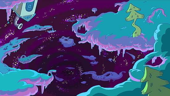 ciel bleu et illustration d'arbres verts, Adventure Time, dessin animé, Fond d'écran HD HD wallpaper