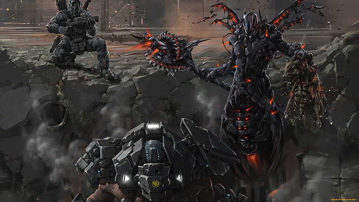 ilustração do jogo do robô preto, trabalho artístico, arte da fantasia, arte digital, ciborgue, robô, guerreiro, soldado, guerra, HD papel de parede
