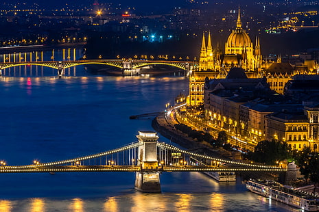 記念碑、ハンガリー国会議事堂、橋、ブダペスト、ハンガリー、光、夜、川、 HDデスクトップの壁紙 HD wallpaper
