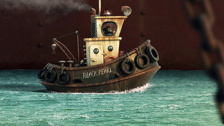 Brown Black Peal barco de juguete, animación, barco, río, Fondo de pantalla HD
