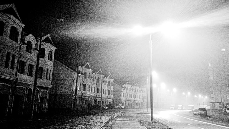 night, mist, downtown, monochrome, noisy, HD wallpaper