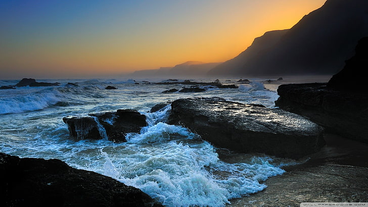plage, côte, mer, coucher de soleil, rochers, Fond d'écran HD