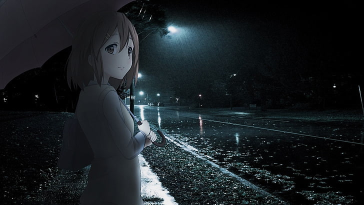 anime, lluvia, paraguas, Hirasawa Yui, noche, K-ON!, Fondo de pantalla HD