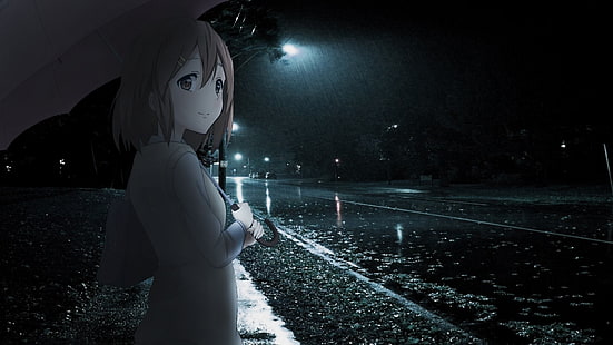 аниме, дъжд, чадър, Hirasawa Yui, нощ, K-ON!, HD тапет HD wallpaper