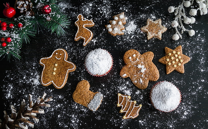 Merry XMas 2017, Holidays, Christmas, Winter, Background, Merry, Xmas, Sweets, Festive, Seasonal, Shapes, cookies, delicious, Celebration, Sugar, Traditional, Food, dessert, Gingerbread, decorations, Tasty, Muffins, 2017, pinecones, GingerbreadMan, ConiferCones, powdered, gingerbreadstars, gingerbreadtrees, gingerbreadsocks, HD wallpaper