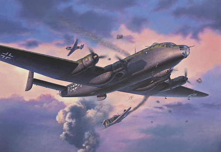gray plane wallpaper, the sky, war, fighter, bomber, Art, Shop, La-7, scout, German, Junkers, four-engine, Soviet, piston, single-engine, heavy, Lavochkin, Ju.290, HD wallpaper