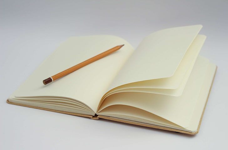 beginning, blank, blank page, book, diary, empty, ideas, journal, notebook, paper, pencil, start, writing, HD wallpaper