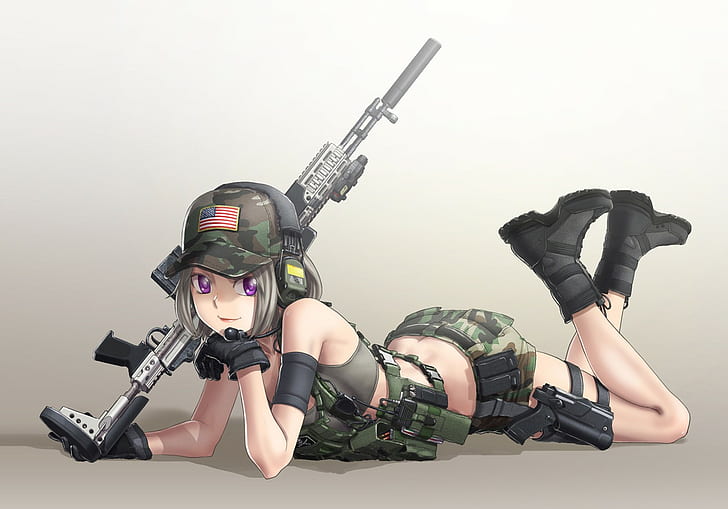 weapon, lying on front, army girl, purple eyes, smiling, gun, anime girls, anime, silver hair, short hair, HD wallpaper
