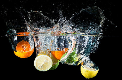 ломтик лайма, апельсина и лимона, цитрусовые, вода, спрей, лимон, лайм, апельсин, HD обои HD wallpaper