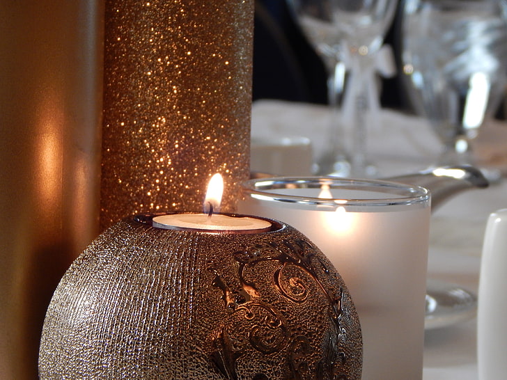 round brown candle holder, candle, decoration, glitter, HD wallpaper