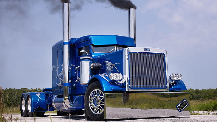 син влекач, кола, камиони, камион, дим, превозно средство, сини камиони, HD тапет