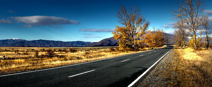 road view during day time, Autumn, Mckenzie, NZ, road, view, day, time, Mackenzie Country, South Island, New Zealand, Sony DSLR A580, Golden leaves, Public Domain, Dedication, CC0, geo tagged, flickr, lover, photos, nature, mountain, landscape, asphalt, highway, travel, outdoors, sky, scenics, tree, uSA, no People, rural Scene, HD wallpaper