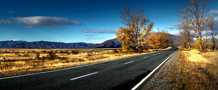 road view during day time, Autumn, Mckenzie, NZ, road, view, day, time, Mackenzie Country, South Island, New Zealand, Sony DSLR A580, Golden leaves, Public Domain, Dedication, CC0, geo tagged, flickr, lover, photos, nature, mountain, landscape, asphalt, highway, travel, outdoors, sky, scenics, tree, uSA, no People, rural Scene, HD wallpaper HD wallpaper
