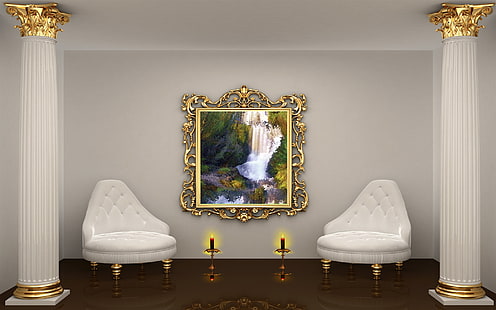 два белых кожаных стеганых кресла для объятий, комната, колонны, стулья, свечи, HD обои HD wallpaper