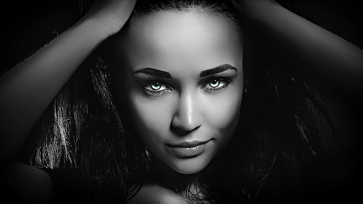 woman's face, grayscale photography of womans face, portrait, women, face, model, selective coloring, green eyes, hands on head, Photoshop, closeup, Angelina Petrova, smirk, HD wallpaper