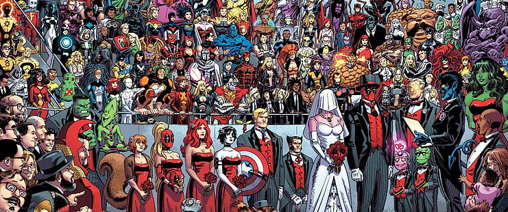 Carta da parati lotto personaggi Marvel, Marvel Comics, Deadpool, matrimonio, supereroe, Sfondo HD HD wallpaper