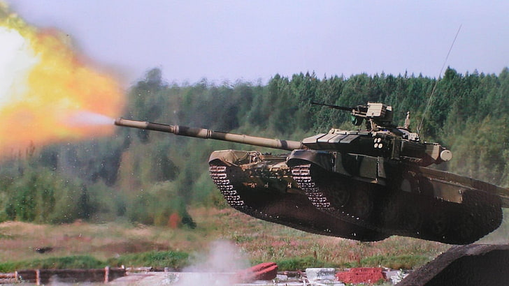 grauer und schwarzer Kampfpanzer, der tagsüber, T-90, Panzer, Springen, Militär, Fahrzeug abfeuert, HD-Hintergrundbild