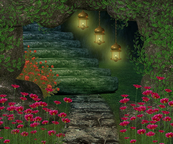 ✰fascinating Cave✰, lovely, resources, view, lamps, premade, ladders, cave, leaves, beautiful, rocks, flowers, trees, HD wallpaper
