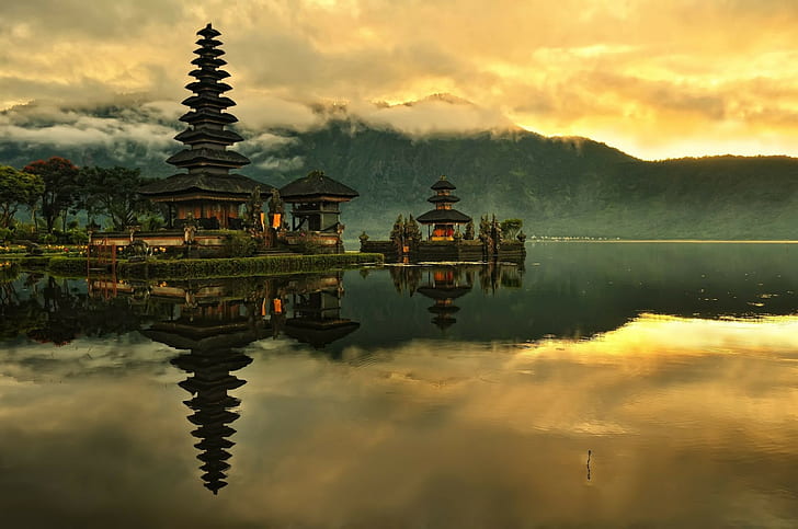 nature landscape water indonesia bali island lake temple asian architecture clouds sunrise mist trees mountains hills forest reflection morning, HD wallpaper