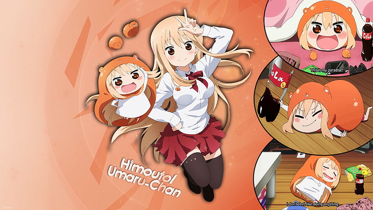 anime, orange, Himouto! Umaru-chan, Doma Umaru, school uniform, chibi, thigh-highs, anime girls, HD wallpaper