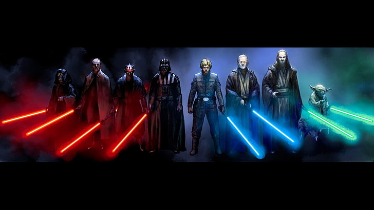 Cyfrowa tapeta Gwiezdnych Wojen, Gwiezdne Wojny, Luke Skywalker, Darth Vader, Darth Maul, Obi-Wan Kenobi, Yoda, miecz świetlny, Jedi, Sith, grafika, Qui-Gon Jinn, cesarz Palpatine, hrabia Dooku, Tapety HD