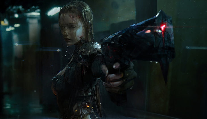 kobieta trzymająca pistolet, cyfrowa tapeta, cyberpunk, pistolet, kobiety, deszcz, science fiction, Huang Fan, Tapety HD
